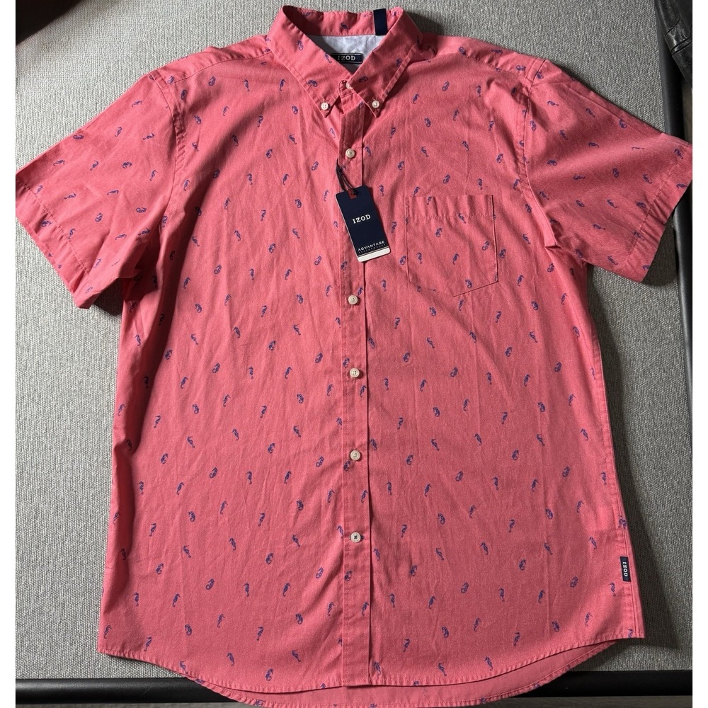 Izod Men's Salmon With Blue Seahorse Pattern Button Down Short Sleeve Shirt XL